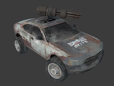 Mounted Weapon on Rusty Zombie Hunter Car with Weathered Exterior Design 3d model