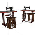 Industrial Sewing Machines On Wooden Worktables With Red Tabletops And Stools