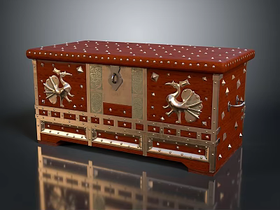 Decorative Vintage Wooden Chest With Metal Studs Carved Birds And Brass Accents 3d model
