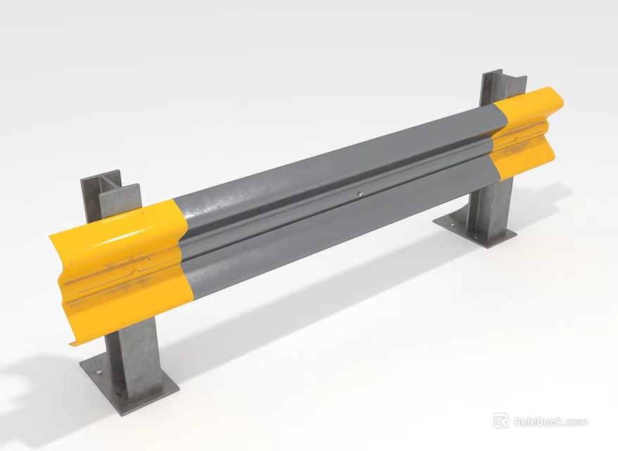 Safety Guardrail With Gray Main Body Yellow Ends And Metal Support Brackets 3d model 