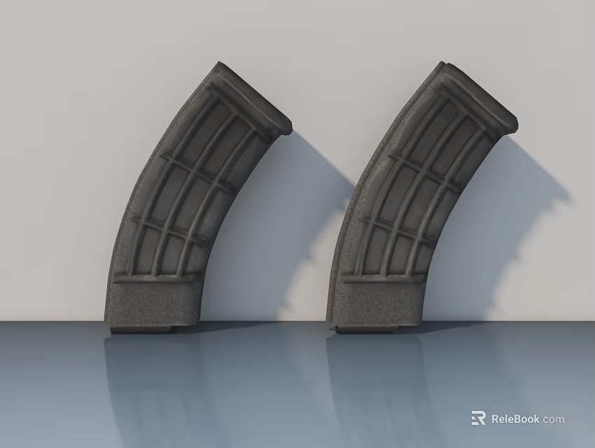 Two Gray Hinged Doors With Grid Frame Design On White Background Reflective Floor 3d model