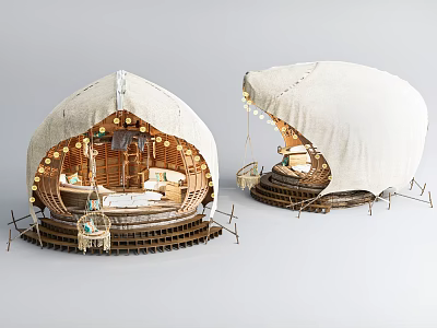 Luxury Dome Glamping Tents With Interior Cozy Bed String Lights And Wooden Base 3d model