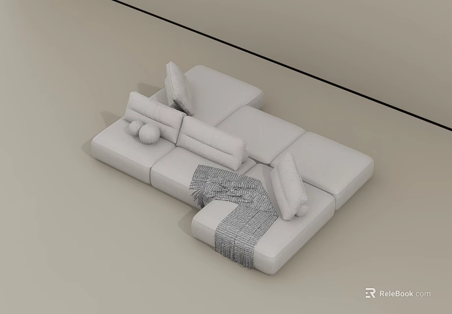 Modern Light Colored Sectional Sofa Set with Cushions and Throw Blanket 3d model