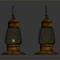 Vintage Copper Lanterns With Glass Shades Metal Hooks And Decorative Bases On Dark Background
