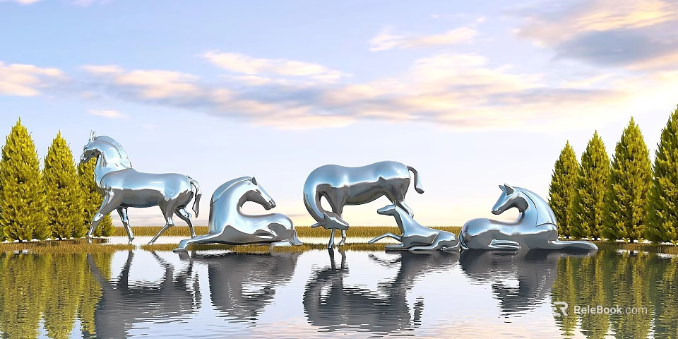 Garden Landscape Featuring Silver Horse Sculptures in Various Poses with Water Reflections and Blue Sky 3d model 