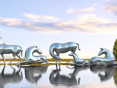 Garden Landscape Featuring Silver Horse Sculptures in Various Poses with Water Reflections and Blue Sky 3d model