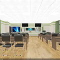 School Classroom With Neat Rows Of Desks Green White Chairs Wooden Flooring And Ceiling Lights