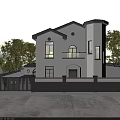 Two Story White Detached Villa Exterior With Round Tower Balcony Arched Door And Trees
