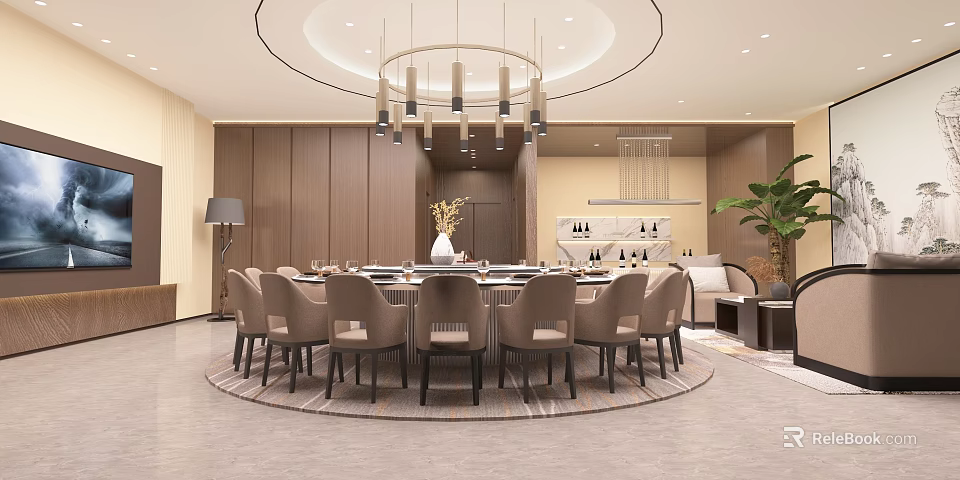 Elegant Private Dining Room Interior With Round Table Chandeliers And Plants 3d model