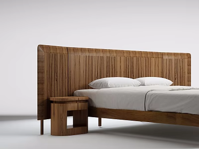 Modern Double Bed With Wooden Headboard And Side Table White Bedding 3d model
