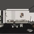 Modern Living Room Interior With Beige Sofa Pillows Round Coffee Table Decorative Painting And Green Plant