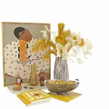 Decorative Ornament Set with Artwork Yellow Feather Plant Striped Vase Golden Bottle and Lemon Bowl