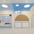 Kid Friendly Elevator Corridor With Blue Beige Walls Cloud Decorations And Round Ceiling Lights 3d model