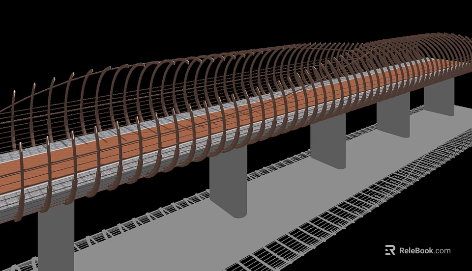 Modern Landscape Bridge With Curved Metal Framework And Wooden Deck Design 3d model 