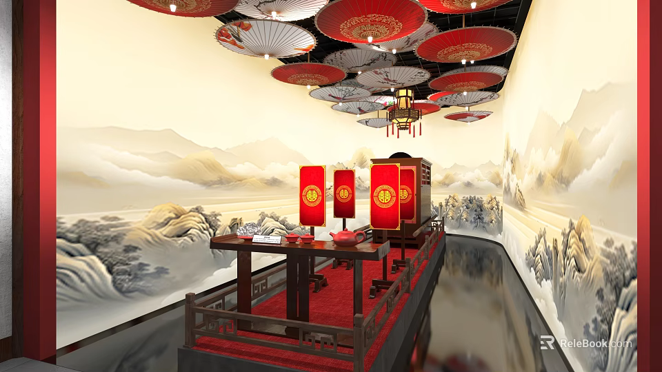 Traditional Chinese Museum Interior With Red Lanterns Oil Paper Umbrellas And Landscape Paintings 3d model 