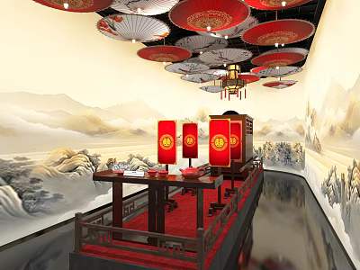 Traditional Chinese Museum Interior With Red Lanterns Oil Paper Umbrellas And Landscape Paintings 3d model