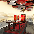 Traditional Chinese Museum Interior With Red Lanterns Oil Paper Umbrellas And Landscape Paintings