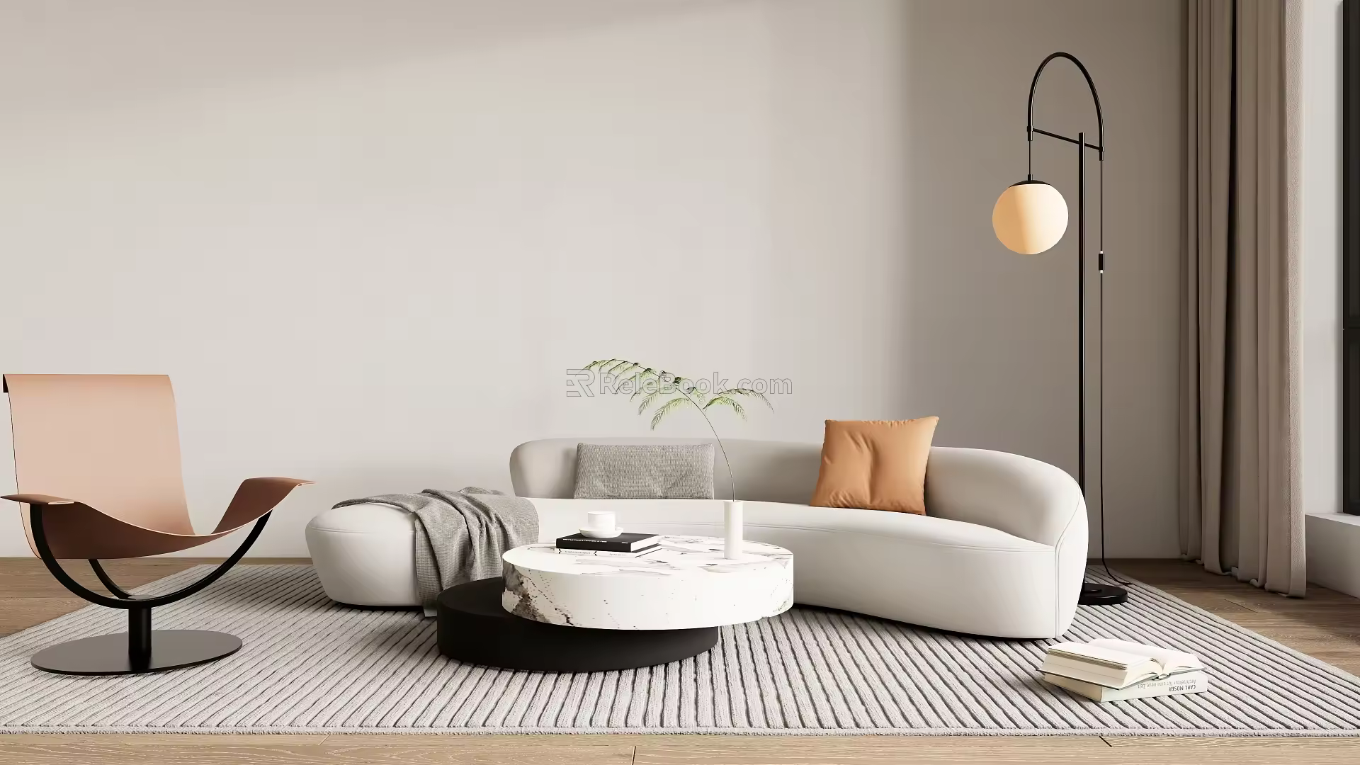 Simple curved sofa marble coffee table 3d model