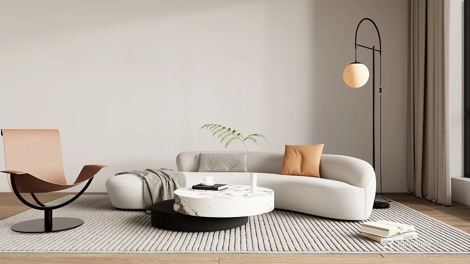Modern White Curved Sofa Set With Round Coffee Table Floor Lamp And Green Plant 3d model 