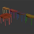 Various Shaped Wooden Tables With Mahogany Finish On Dark Reflective Surface
