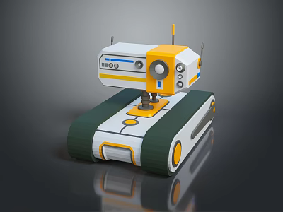 Game Movie Robot Character With White Yellow Green Design Tracked Base Lens And Antenna 3d model