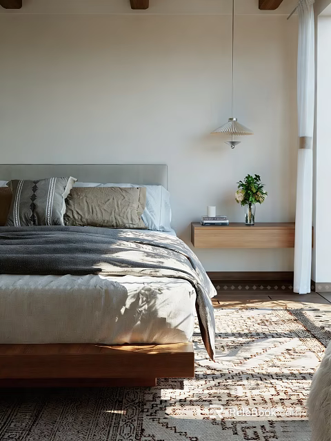 Minimalist Bedroom Interior With Cozy Bed Pillows Wooden Nightstand And Natural Light 3d model 