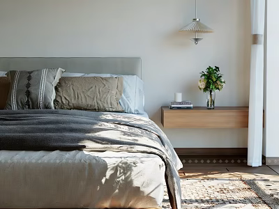 Minimalist Bedroom Interior With Cozy Bed Pillows Wooden Nightstand And Natural Light 3d model