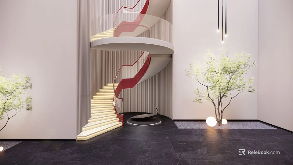 Modern Spiral Staircase With Red Handrail Illuminated Steps And Green Plant 3d model 