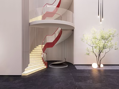 Modern Spiral Staircase With Red Handrail Illuminated Steps And Green Plant 3d model