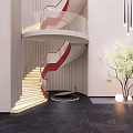Modern Spiral Staircase With Red Handrail Illuminated Steps And Green Plant