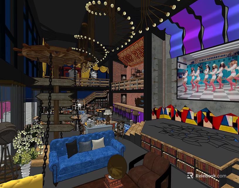Modern Restaurant Interior With Open Space Blue Sofa Brown Chairs Hanging Lights And Large Screen 3d model 