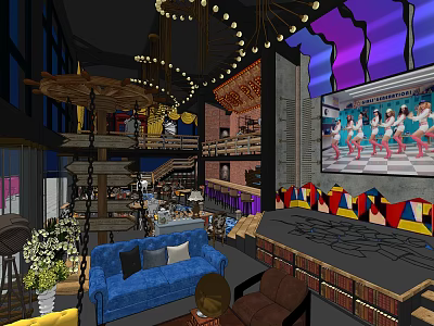 Modern Restaurant Interior With Open Space Blue Sofa Brown Chairs Hanging Lights And Large Screen 3d model