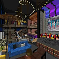 Modern Restaurant Interior With Open Space Blue Sofa Brown Chairs Hanging Lights And Large Screen