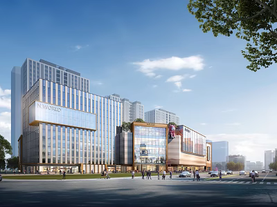 Modern Commercial Street With Glass Buildings And Pedestrians 3d model