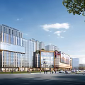 Modern Commercial Street With Glass Buildings And Pedestrians