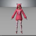 Anime Character In Pink Cat Ears Hoodie With Sweet Cat Print And Checkered Stockings