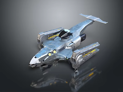 Silver Futuristic Sci-Fi Spaceship With Streamlined Design Cockpit Yellow Accents And Reflection On Dark Background 3d model
