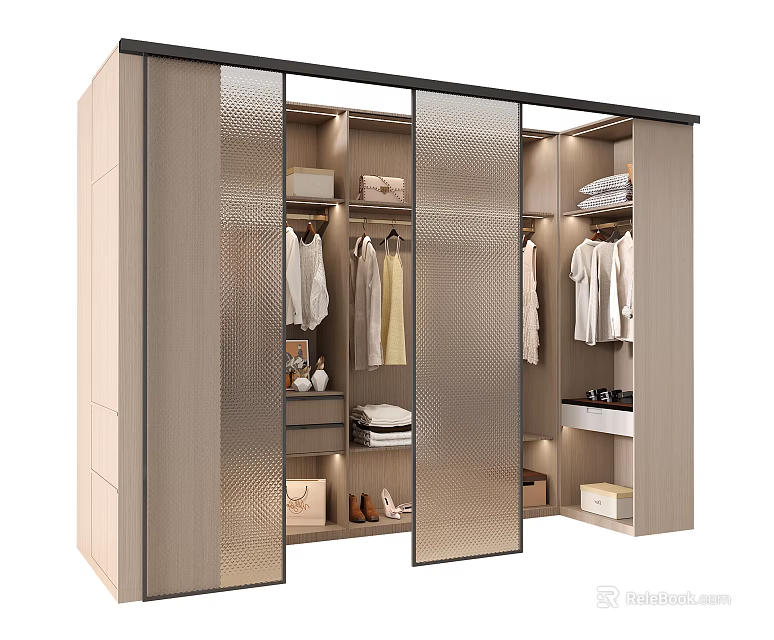 Modern Wardrobe with Sliding Glass Doors Interior Hanging Rods and Folded Clothes 3d model 