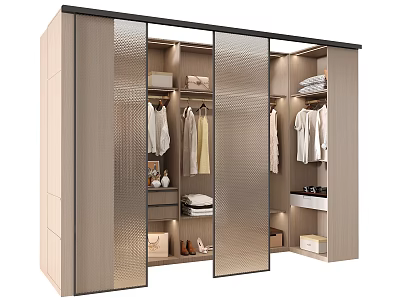 Modern Wardrobe with Sliding Glass Doors Interior Hanging Rods and Folded Clothes 3d model