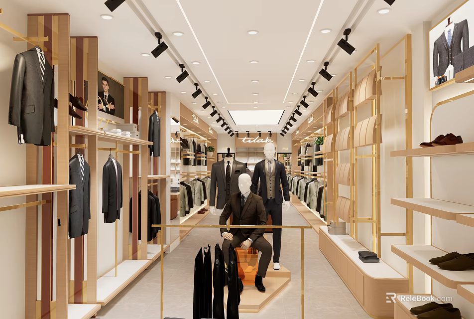 Modern Clothing Store Interior With Suits Mannequins Shelves And Lighting 3d model 