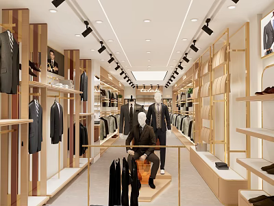 Modern Clothing Store Interior With Suits Mannequins Shelves And Lighting 3d model