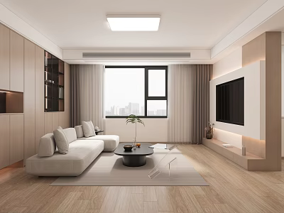 Modern Living And Dining Room Interior With Beige Sofa TV Wall And Wooden Floor 3d model