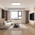 Modern Living And Dining Room Interior With Beige Sofa TV Wall And Wooden Floor