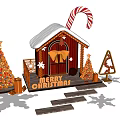 Festive Christmas Scene With Gingerbread House Trees Candy Canes Merry Christmas Sign Snow Wooden Steps