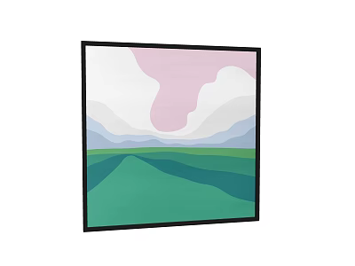 Abstract Square Framed Wall Art With Pink Cloud White Gray Mountains And Green Meadow 3d model