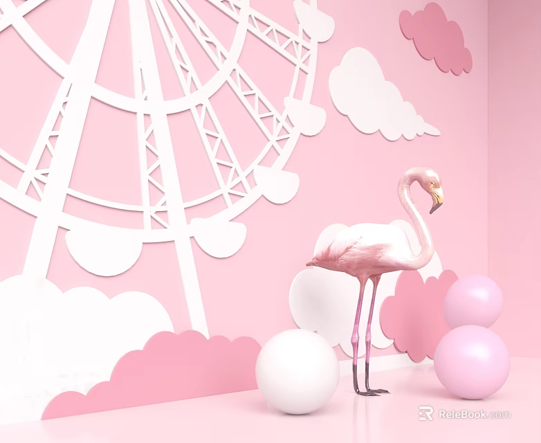 Pink Themed Room With White Ferris Wheel Pink Flamingo And Cloud Decorations 3d model 