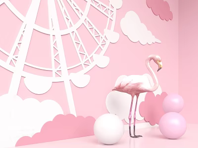 Pink Themed Room With White Ferris Wheel Pink Flamingo And Cloud Decorations 3d model