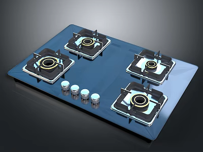 Modern Four Burner Gas Stove With Blue Glass Surface And Control Knobs 3d model
