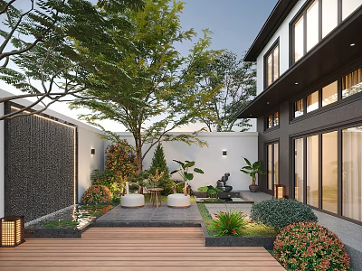 Courtyard Garden With Wooden Deck Stone Wall Green Plants Water Feature Lanterns And Glass Doors 3d model