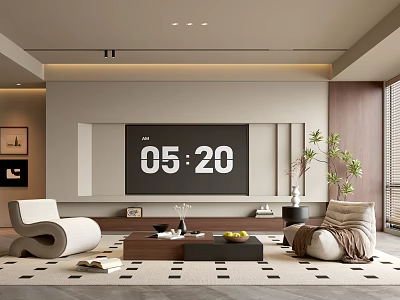 Modern Living Room Interior With Large TV Light Sofa Wooden Coffee Table And Potted Plant 3d model
